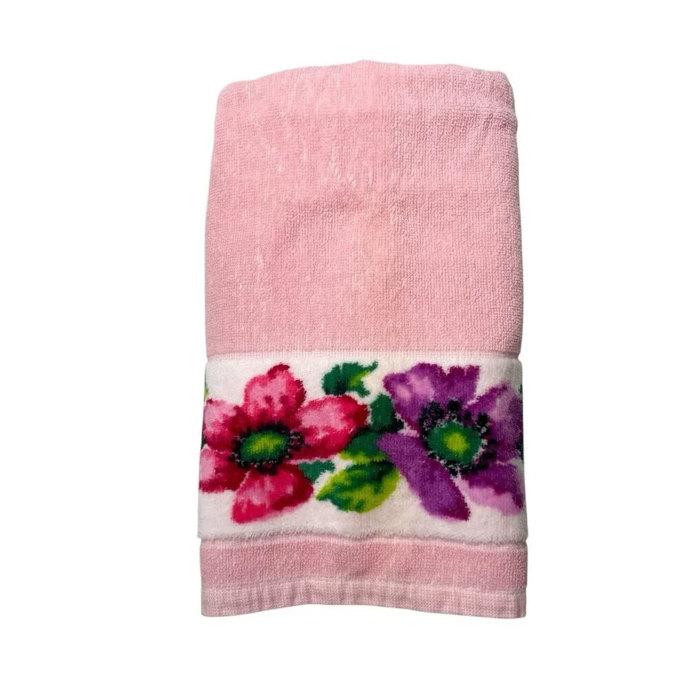 Vintage Pink Floral Hand Towel Indanthren Spring Flowers 18”x35”